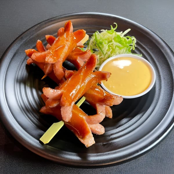 Boru Ramen's octopus-cut sausages with a side of shredded lettuce and yellow dipping sauce.